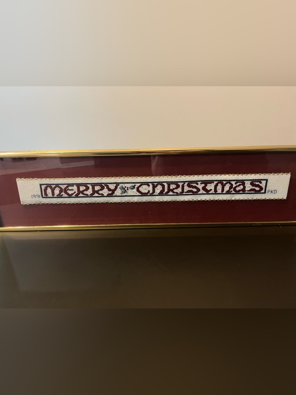 Vintage Cross Stitch Merry Christmas Sign with Gold Frame, 1991